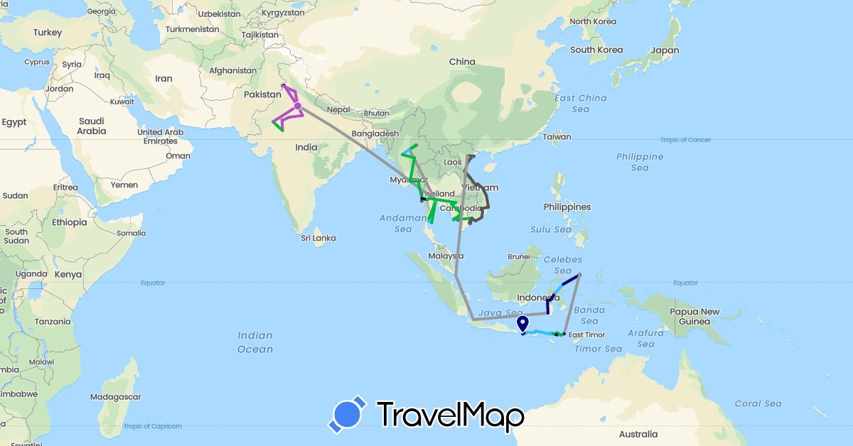 TravelMap itinerary: driving, bus, plane, train, hiking, boat, motorbike in Indonesia, India, Cambodia, Myanmar (Burma), Singapore, Thailand, Vietnam (Asia)